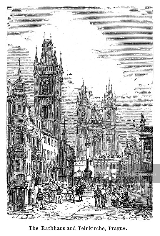 捷克共和国布拉格老市政厅和泰恩教堂古版画图片素材