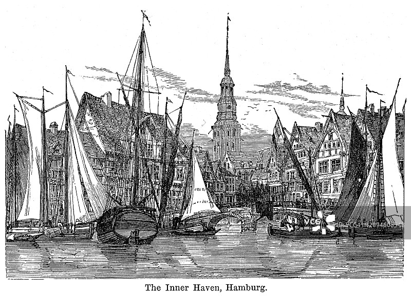 德国汉堡港城古老版画插图图片素材