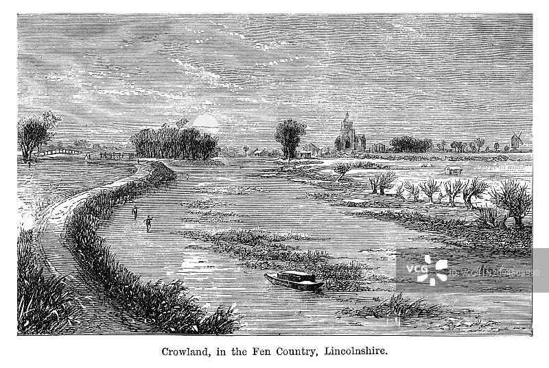 英国林肯郡克劳兰镇古版画（克劳兰修道院）图片素材