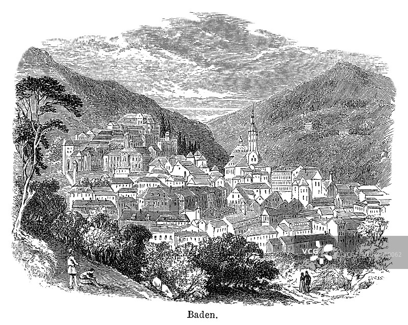 德国巴登-符腾堡州巴登-巴登水疗小镇古老雕刻插图图片素材