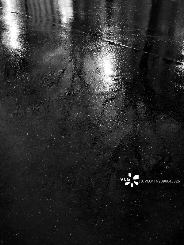 法国巴黎,被雨水打湿的人行道夜景,城市灯光、树木和建筑立面在人行道上反射。自然光。黑白照片。图片素材
