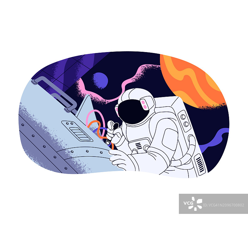 在太空中飞行的宇航员修理宇宙飞船。宇航员太空行走修复卫星故障。穿着宇航服的太空人在宇宙中飞行。白色背景上的扁平孤立矢量图图片素材