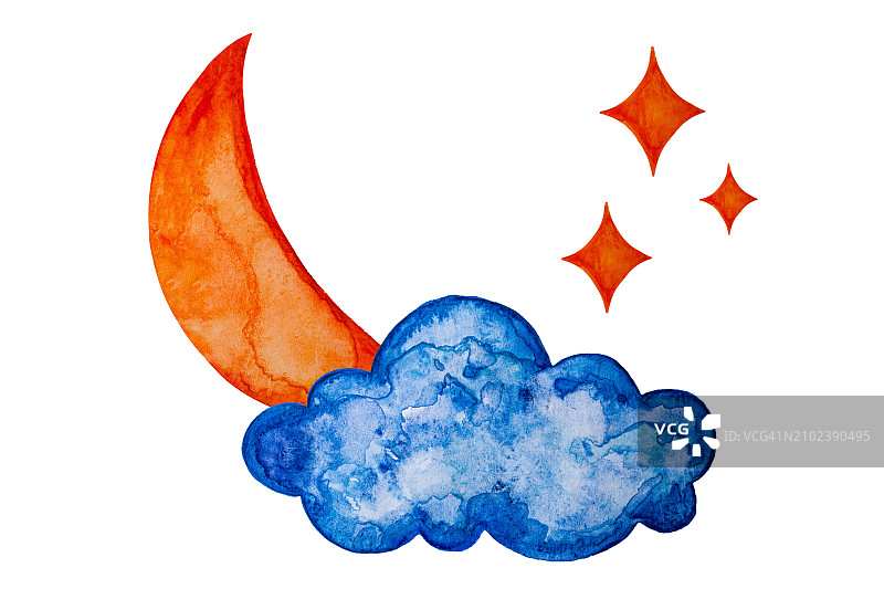 水彩手绘云朵、月亮和星星图案，世界睡眠日概念素材图片素材