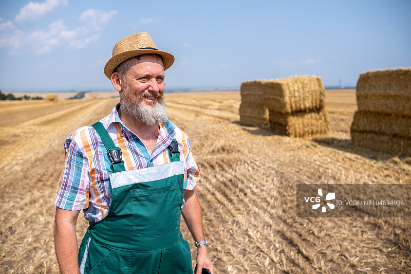 在农田的草捆前，快乐的白胡子农民图片素材