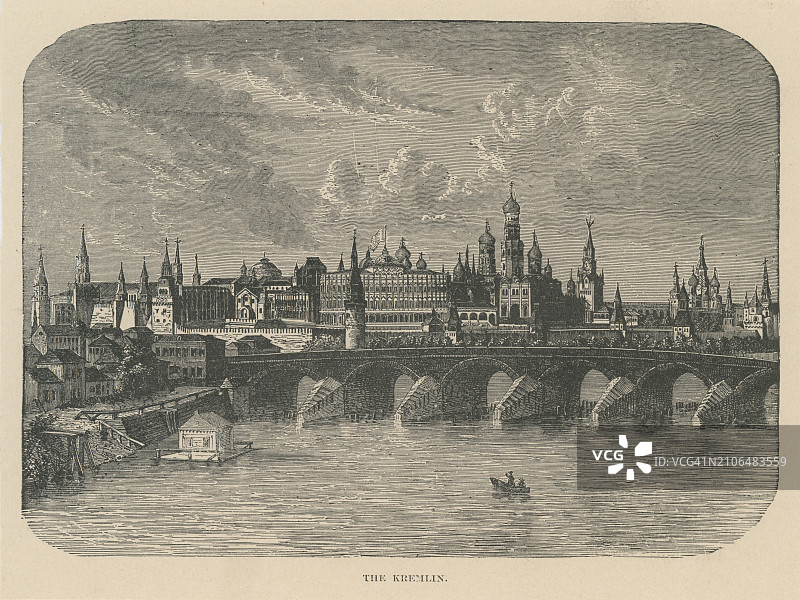 莫斯科克里姆林宫全景古老雕刻插图图片素材