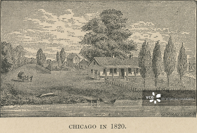 1820年芝加哥的古老雕刻插图图片素材