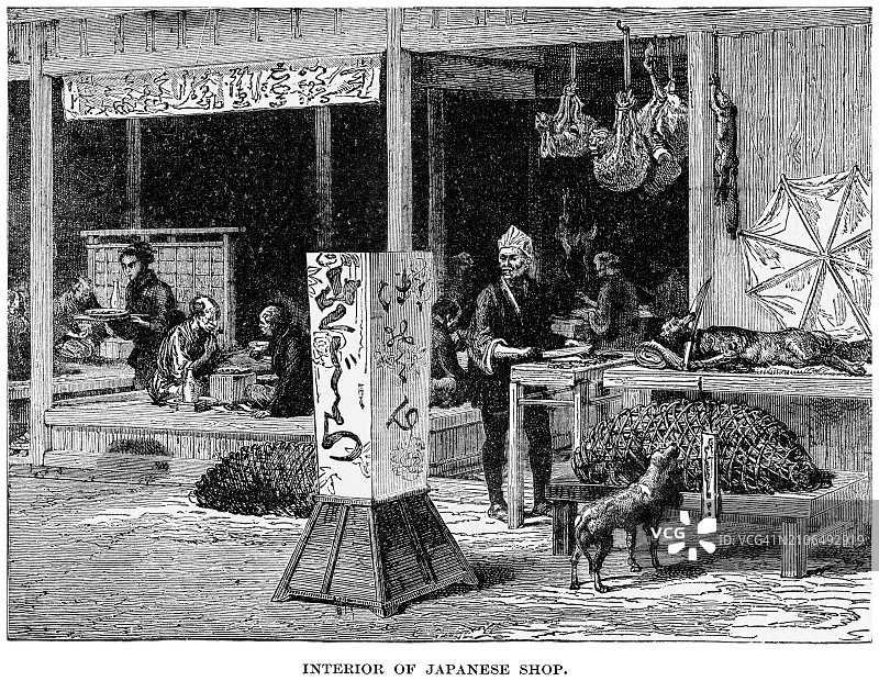 日本商店入口处的雕刻插图图片素材