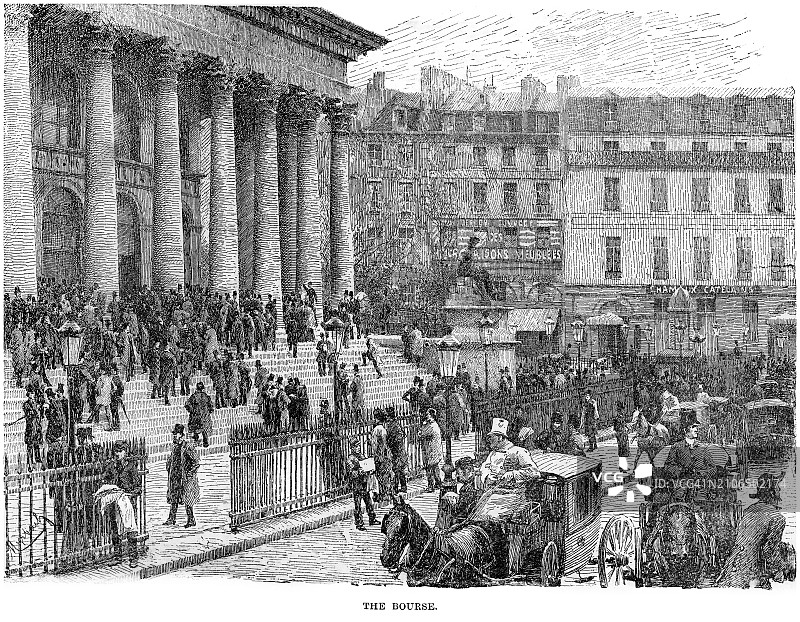 巴黎证券交易所（布隆尼亚宫）的古老雕刻插图图片素材