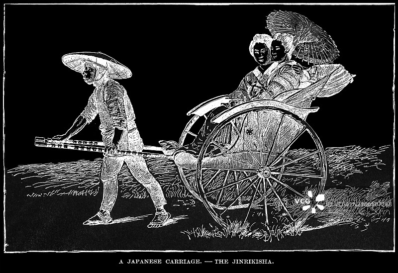 日本黄包车老式雕刻插图图片素材