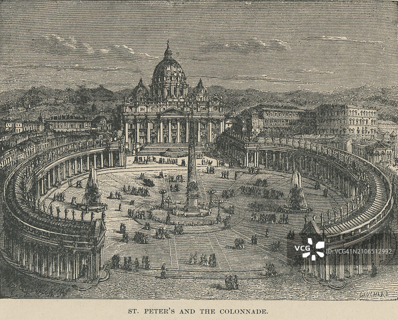 旧版画意大利罗马圣彼得广场和柱廊图片素材