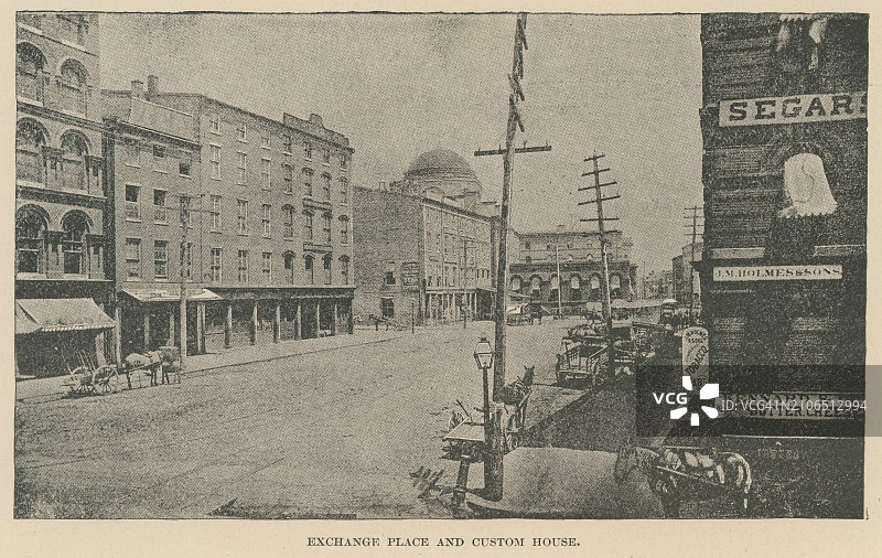 古代版画：美国巴尔的摩交易所广场和海关图片素材