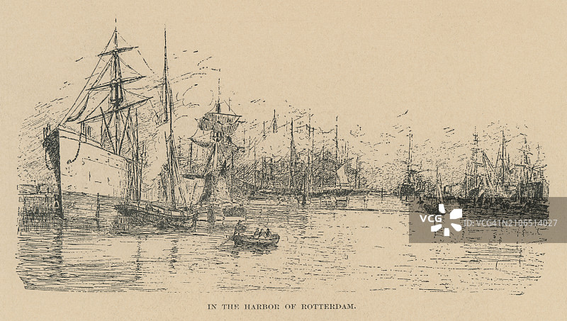 荷兰鹿特丹港口的古老雕刻插图图片素材