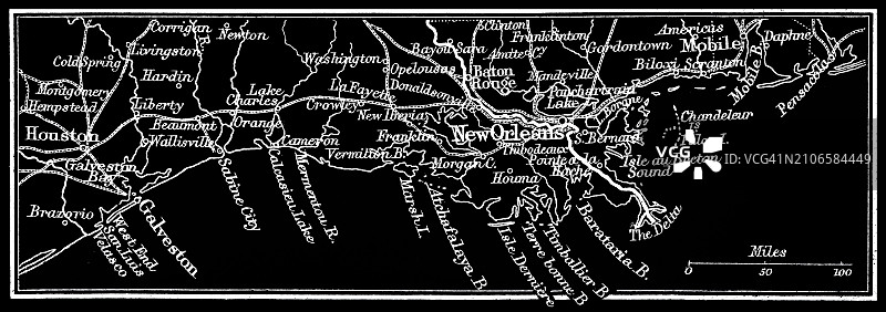 新奥尔良古版画地图，该市位于美国路易斯安那州东南部密西西比河沿岸图片素材