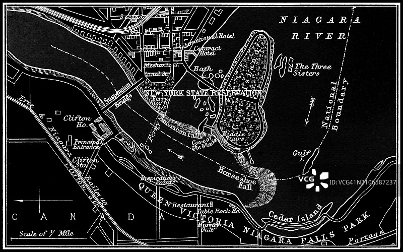 加拿大安大略省尼亚加拉河和尼亚加拉瀑布的古老雕刻地图图片素材