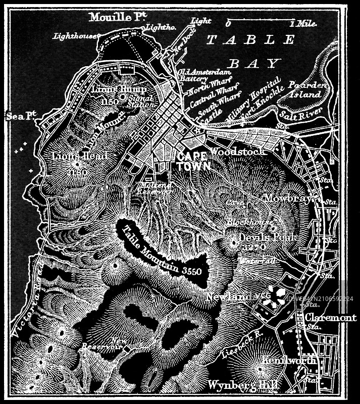 南非立法首都开普敦古老的彩色石印地图图片素材