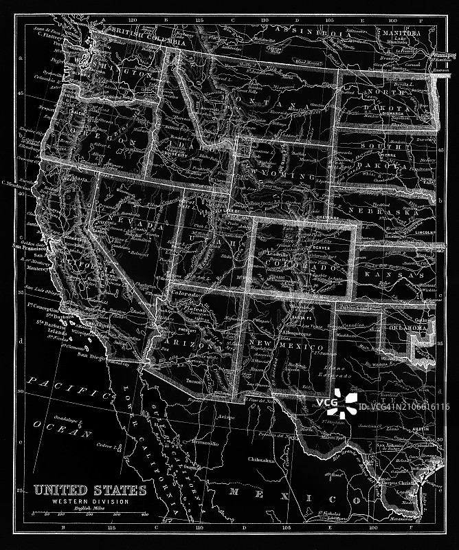 美国西部老式彩色石印地图图片素材