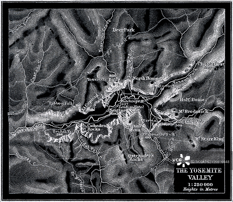 优胜美地国家公园历史地图，位于美国加利福尼亚州内华达山脉图片素材