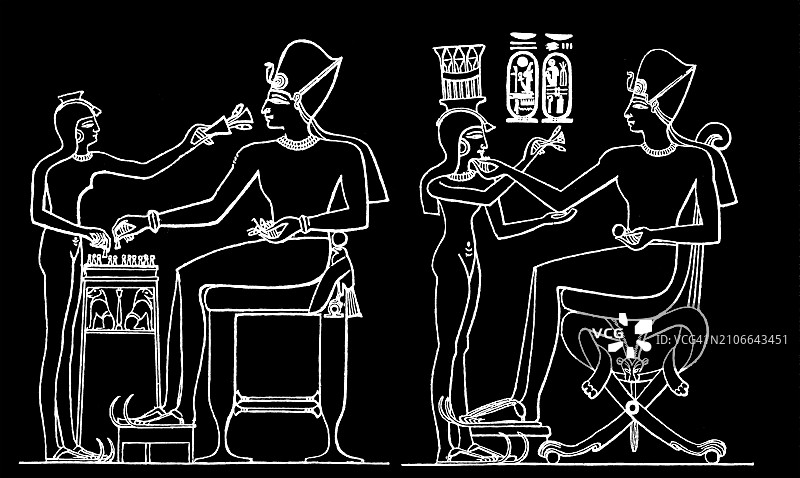 拉美西斯三世家庭生活场景古老雕刻插图图片素材