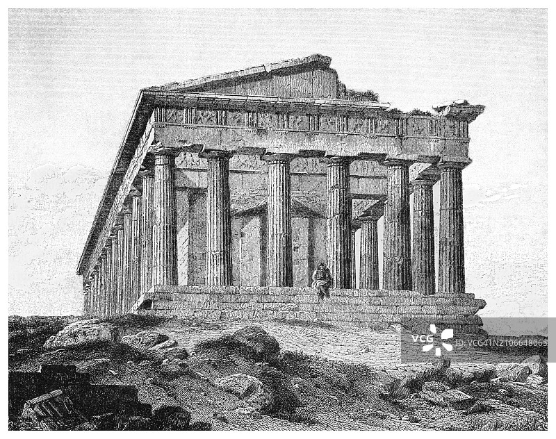 赫菲斯托斯神庙遗址的古老雕刻插图 - 献给赫菲斯托斯的希腊神庙图片素材