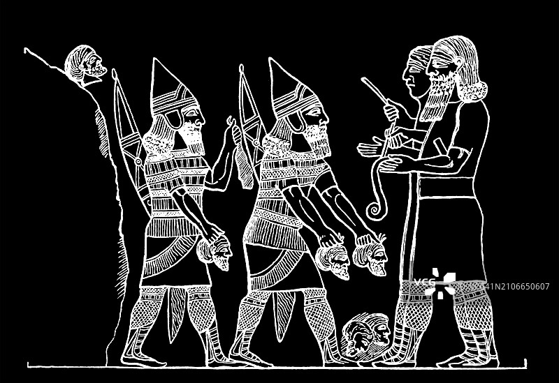 亚述文士记录士兵斩杀敌人数量的浮雕古版画图片素材