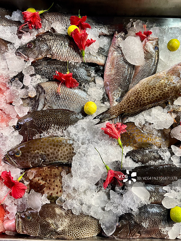 市场摊位上的鱼图片素材