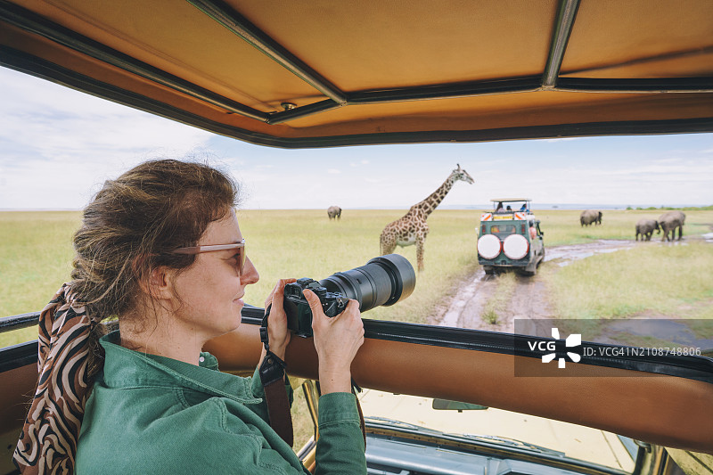 女人肯尼亚看大象乞力马扎罗山图片素材