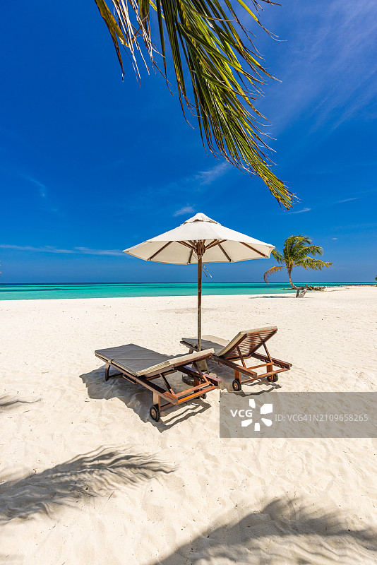 迷人的海滩度假风光：情侣椅，夏季浪漫蜜月概念，热带岛屿景观图片素材