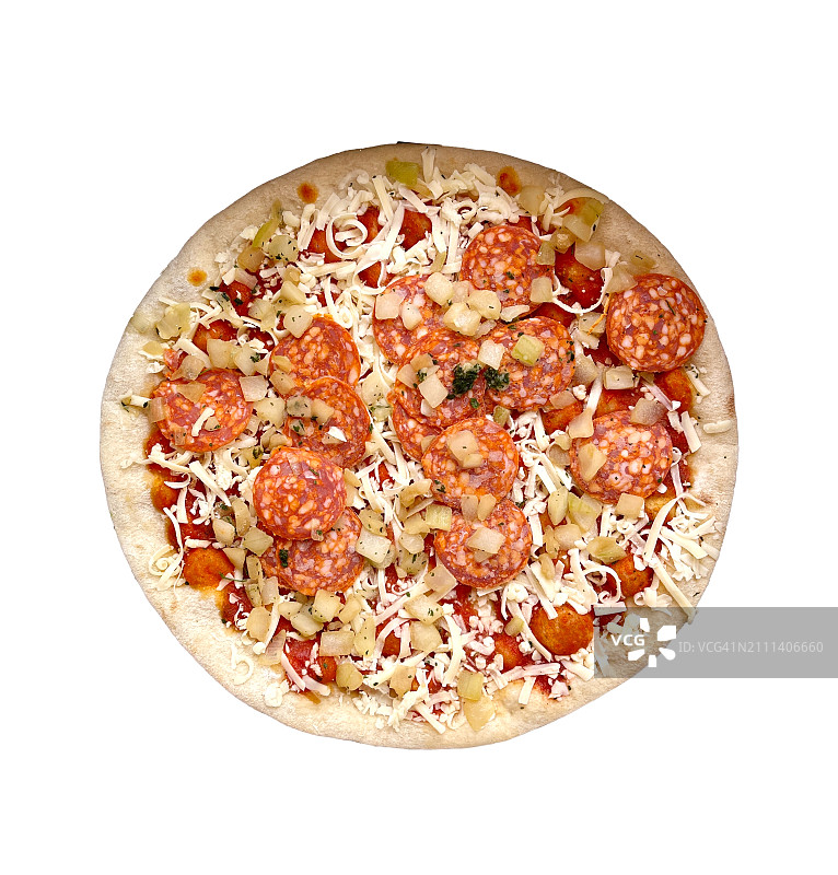 白色背景上的西班牙 Chorizo披萨图片素材