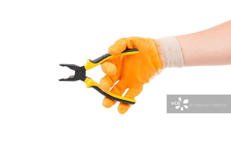 裁剪的手在白色背景前拿着钳子图片素材