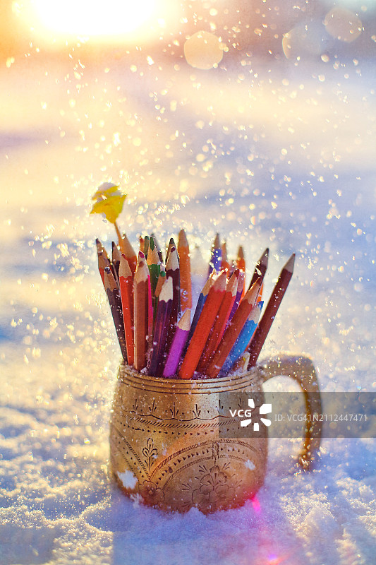 桌上容器中彩色铅笔特写图片素材