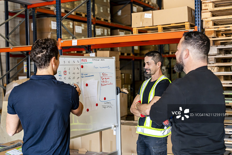 经理在托盘厂向工人们讲解白板内容图片素材
