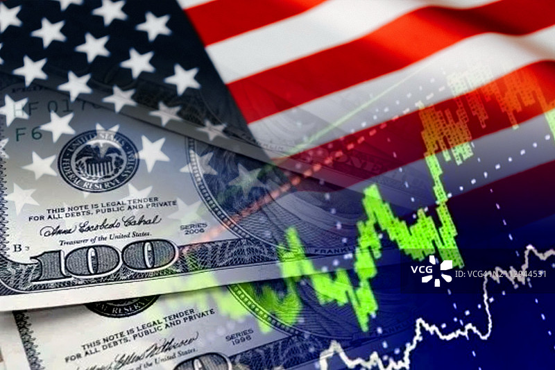 美元现金、美国国旗和股市指标（金钱、商业、金融、危机、成功、贬值、通货膨胀）- 经济图表图片素材
