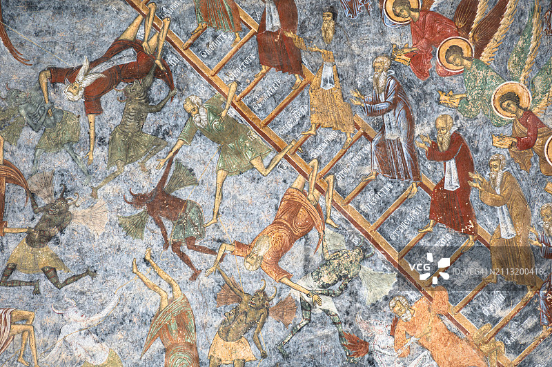 苏切维察修道院美丽的宗教绘画，罗马尼亚布科维纳的彩绘修道院图片素材