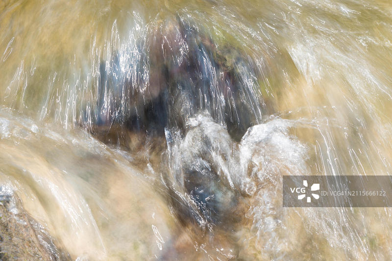 流动的水流过巨石，急流，运动模糊传达了流速，阳光的反射使画面看起来像下萨克森州的易北河水坝图片素材