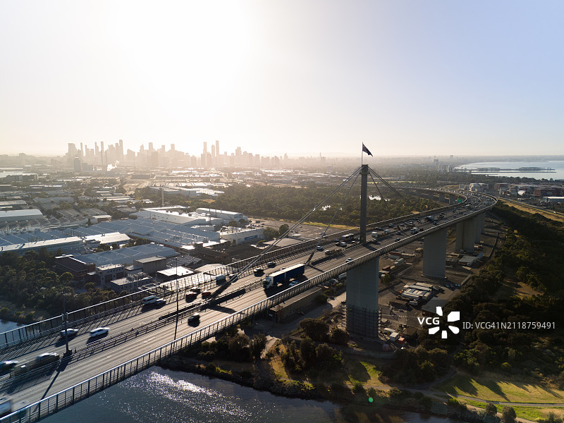 墨尔本天际线背景下的韦斯特盖特大桥澳大利亚国旗航拍图片素材