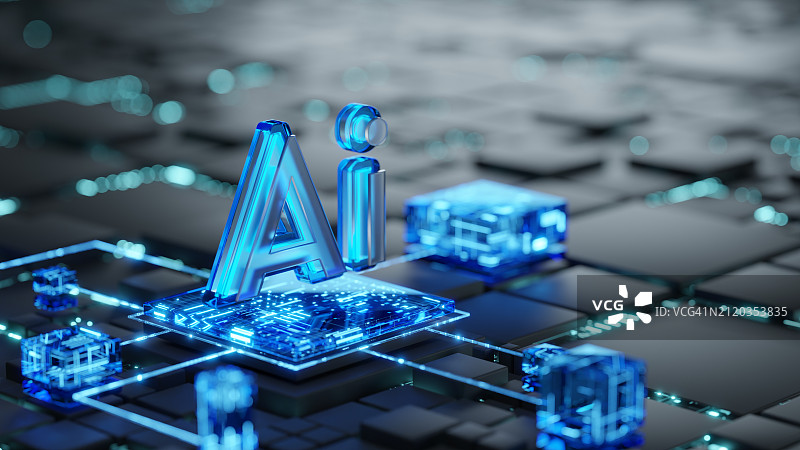 人工智能、技术和数据安全概念：抽象数字背景上的AI 3D符号图片素材