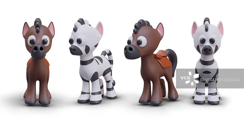 3D卡通风格带马鞍的马和斑马，正面和侧面视图图片素材