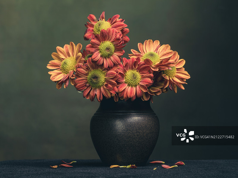 黑色背景下，花瓶中的花卉特写图片素材