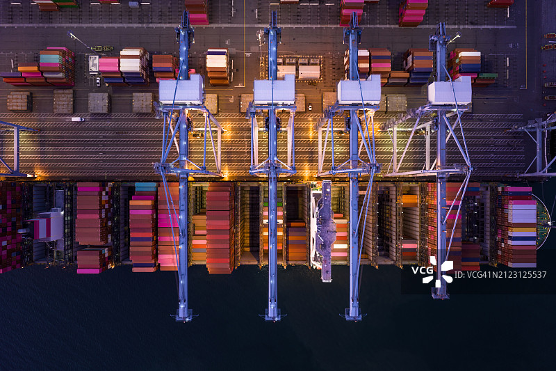 岸桥和停靠的集装箱船的无人机航拍俯视图图片素材