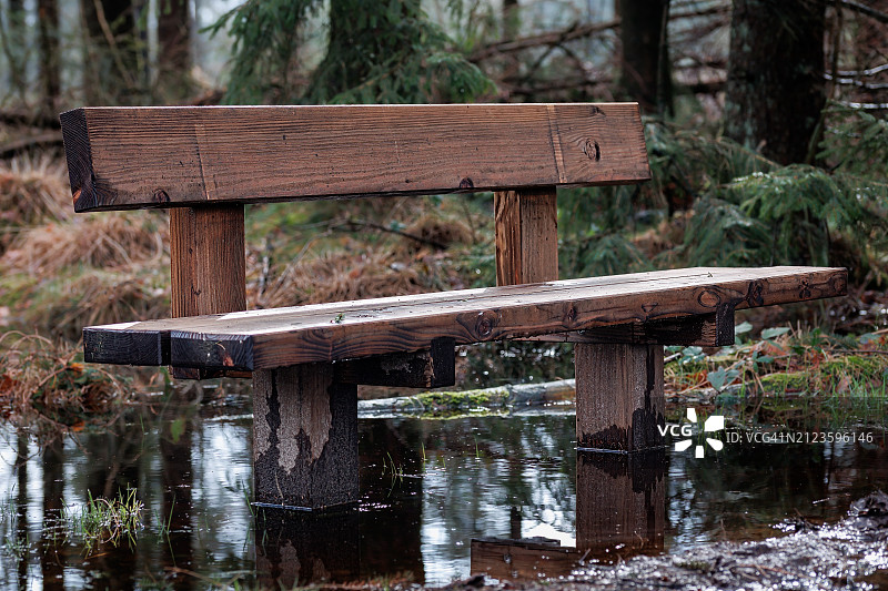 森林中木制长椅的视角图片素材