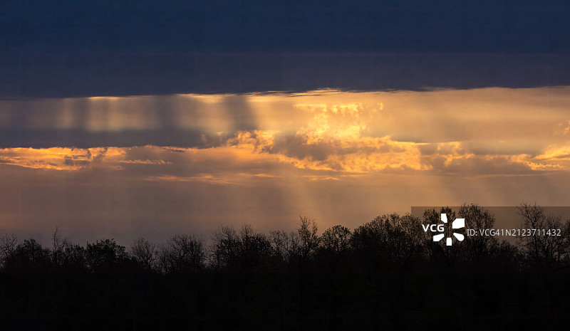 日落时分天空下的树木轮廓，美国俄克拉荷马州塔尔萨市图片素材