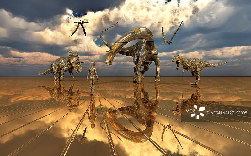 带有机器恐龙的AI男孩图片素材