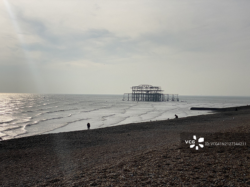 2024年3月日落时分，英国苏塞克斯布莱顿海滩的退潮景象。黄昏时分，卵石海滩旁的西码头遗址图片素材