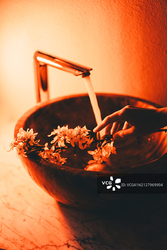 明亮红光中，温柔的女人小心触摸樱花枝图片素材