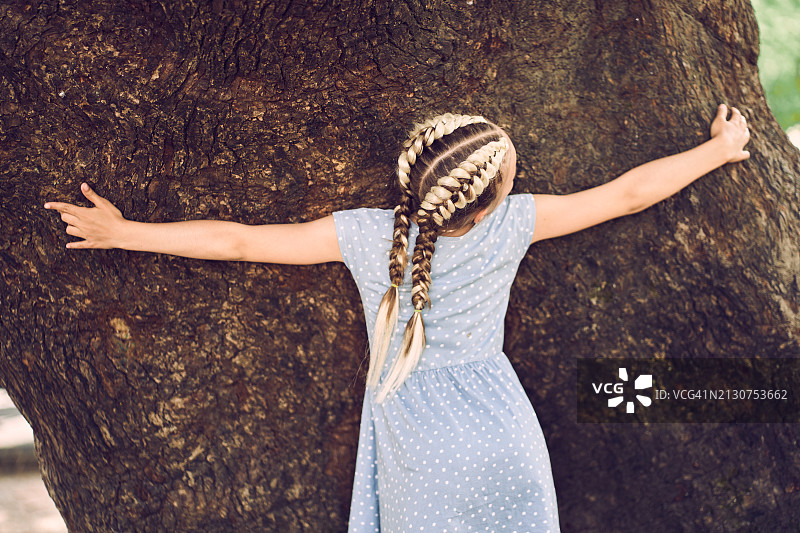 扎着法式辫子和非洲辫的女孩在操场上拥抱巨大的树干。穿着蓝色圆点连衣裙的女孩，后视图图片素材