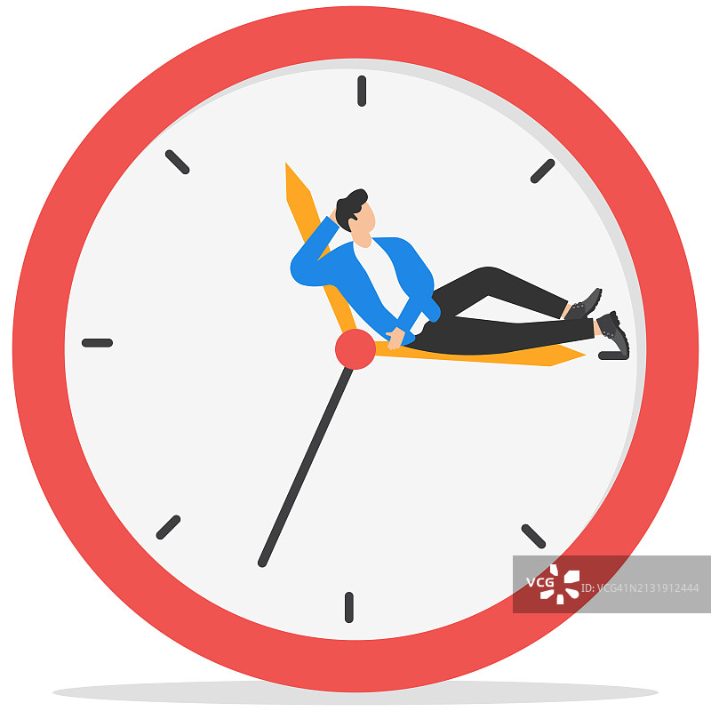 浪费时间，拖延或缓慢的生活，懒于工作，低生产力或效率，自律问题，疲惫或没有动力的概念，懒惰的商人睡在时间流逝的时钟上。图片素材
