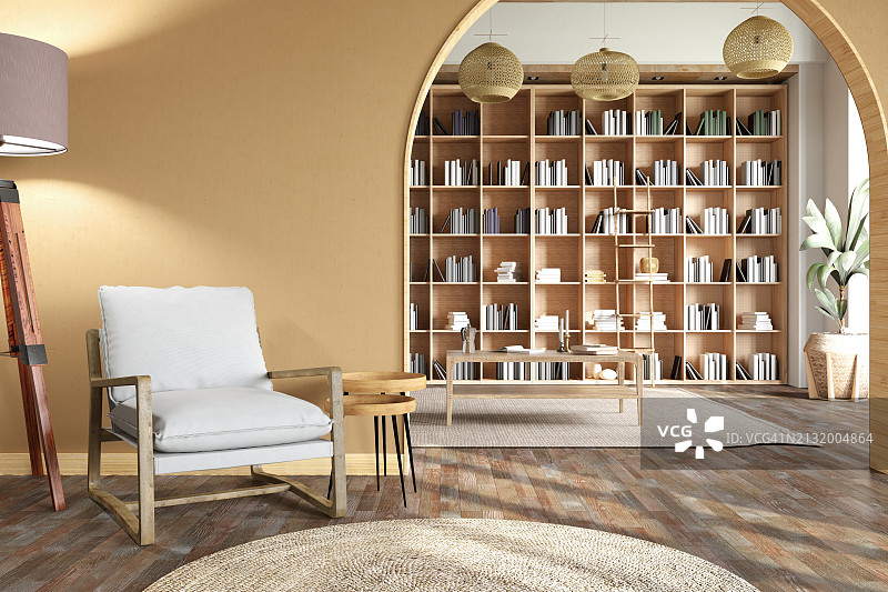 舒适米色内饰，配扶手椅和图书馆图片素材