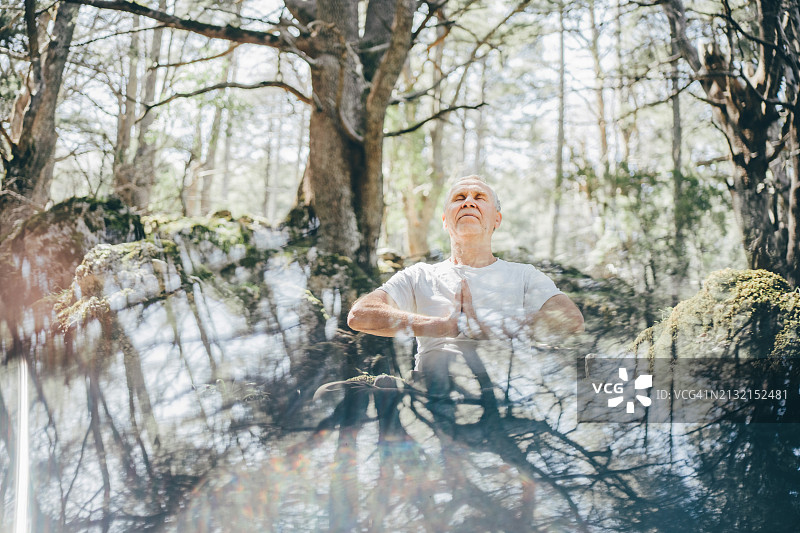 年长白发男子森林冥想图片素材