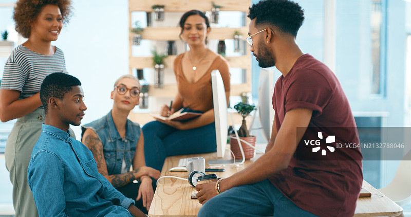 创意机构会议，商务人士使用显示器进行规划、研究和讨论。团队通过沟通进行项目反馈和协作图片素材