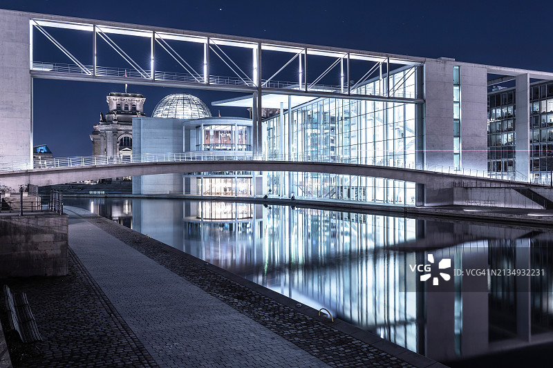 施普雷河畔的政府区夜景（德国柏林）图片素材